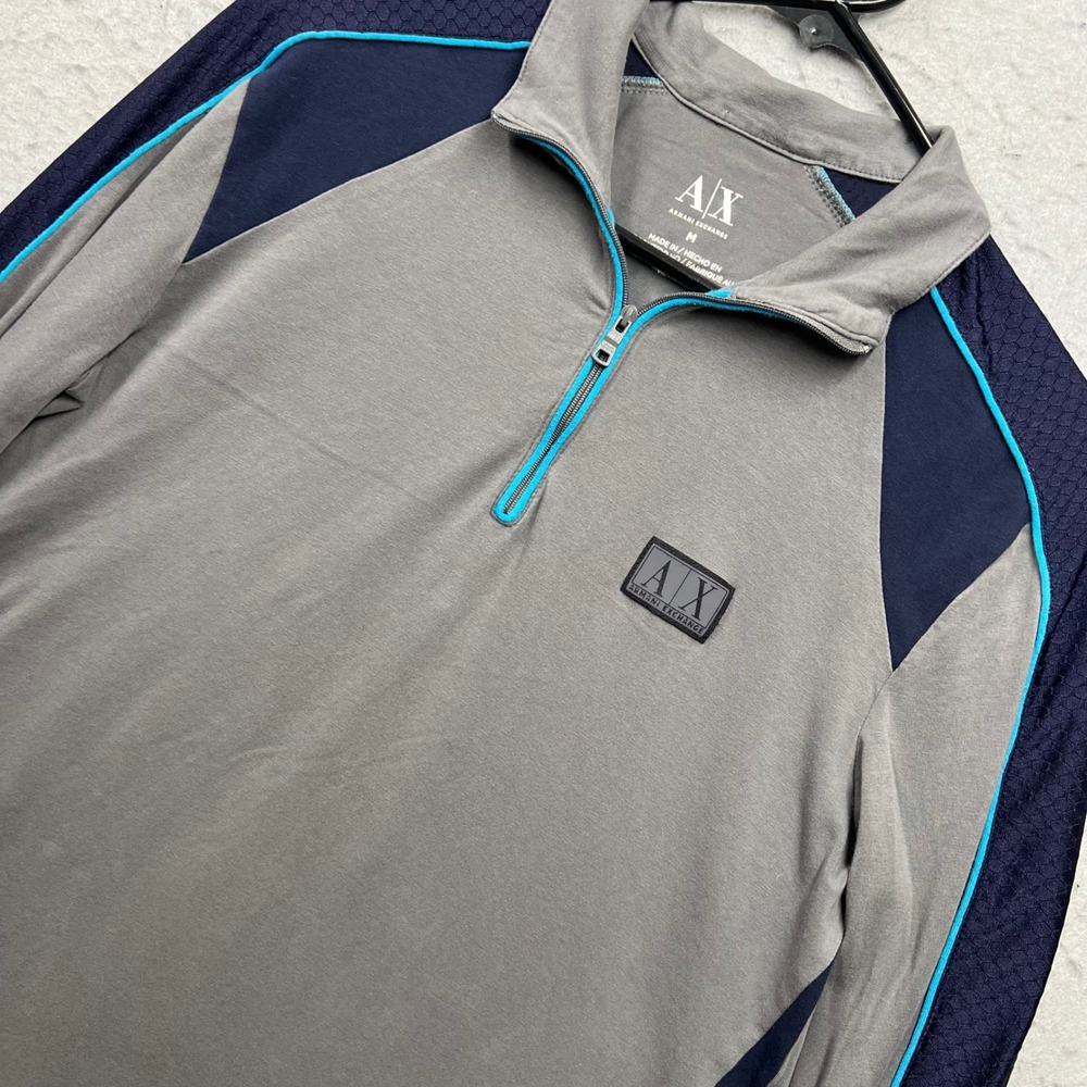 Armani Exchange Mens Grey Navy Turquoise Quarter Zip Pullover Active Top Size M